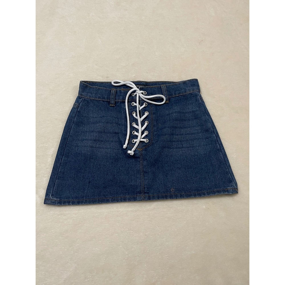 Forever 21 Dark Wash Denim Lace Up Front Mini Skirt Blue Small